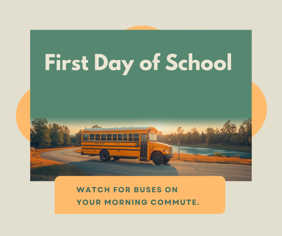 Illustrated graphic reading 'First Day of School' with a school bus on a country road near Lake Norman of Catawba