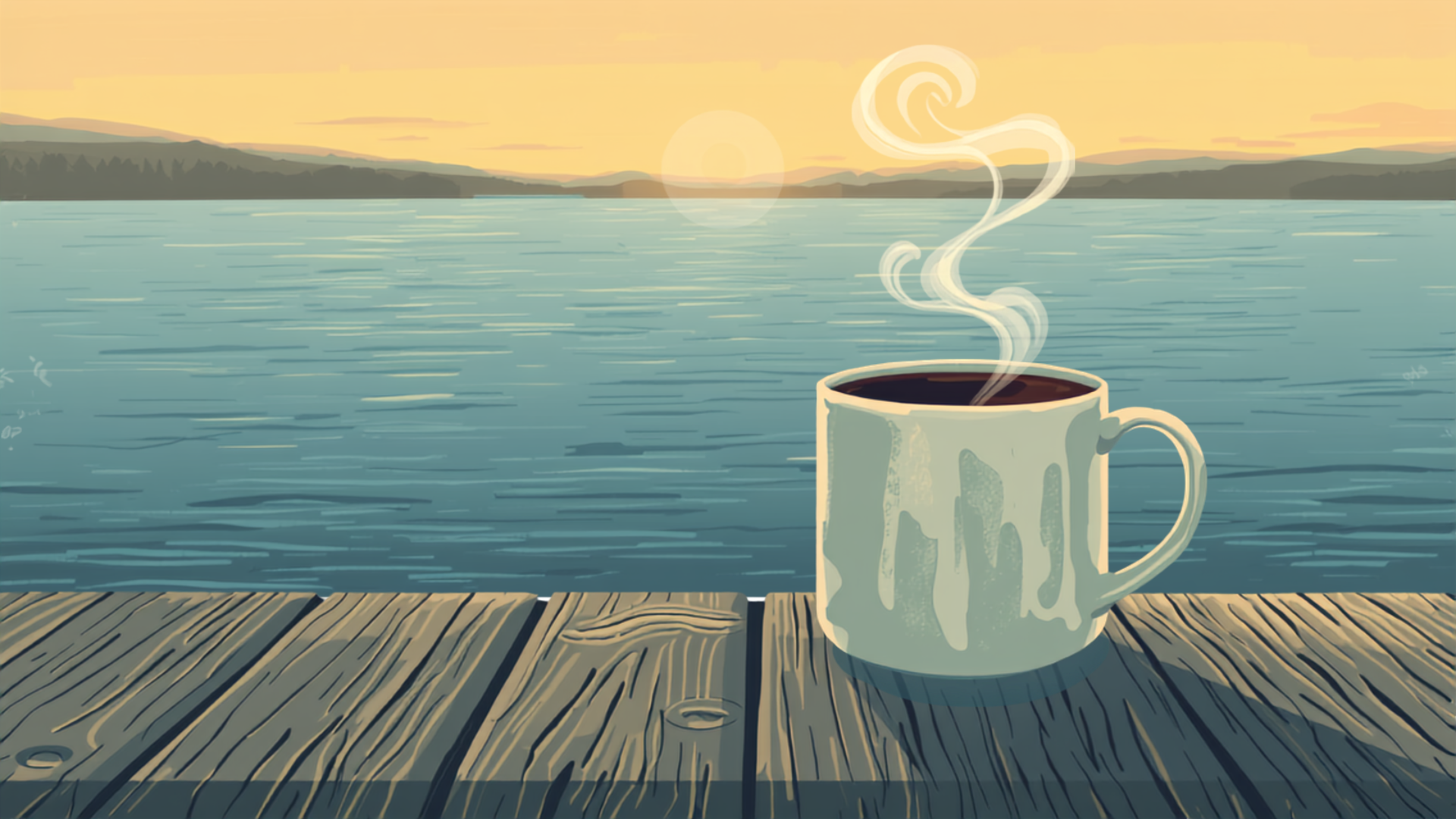 Illustration of a steaming coffee mug on a dock railing overlooking Lake Norman at sunrise, evergreen header graphic for the Morning Coffee series