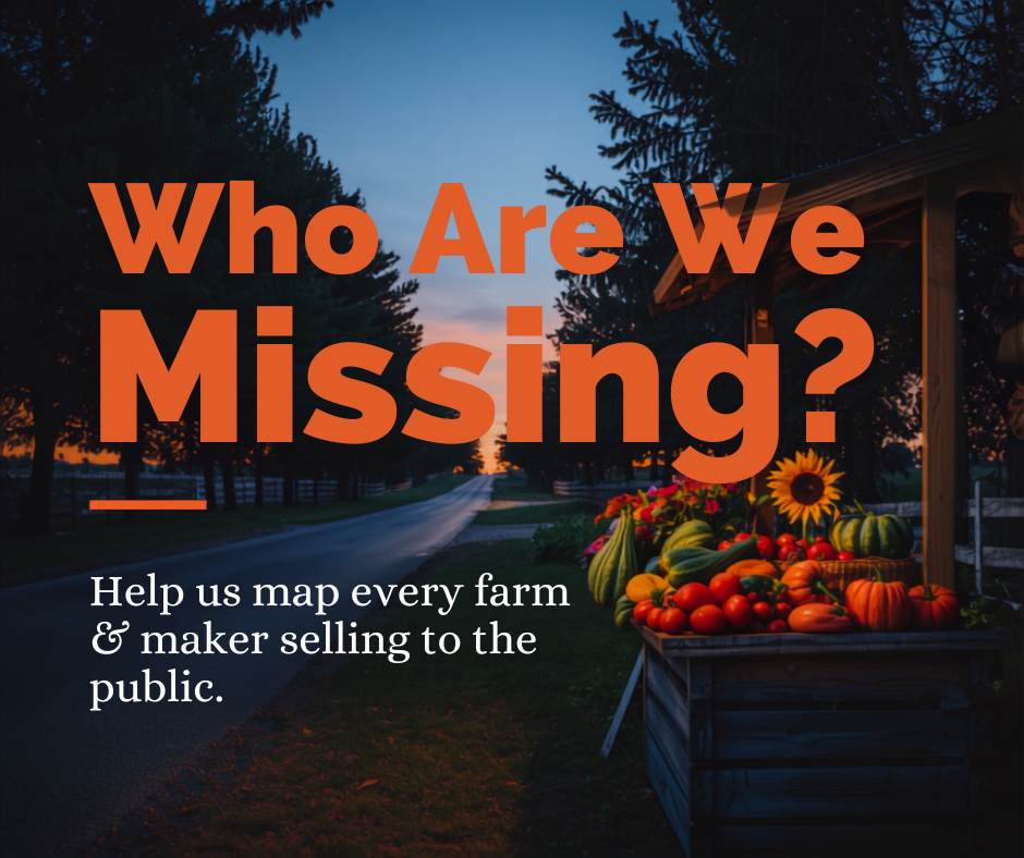 Graphic reading 'Who Are We Missing?' with fresh produce and a farm stand, inviting feedback on the Lake Norman of Catawba Support Local farms and makers list